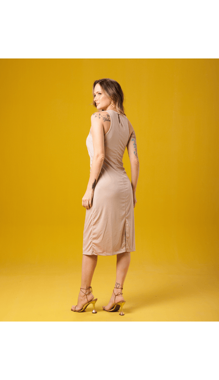 Vestido Moda Loka Midi Com Pregas E Elastano
