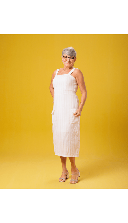Vestido Estilo A Midi Listrado Com Bolsos e Fenda