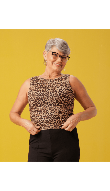 Blusa Moda Loka Feminina Tule Franzido Com Estampa de Onça