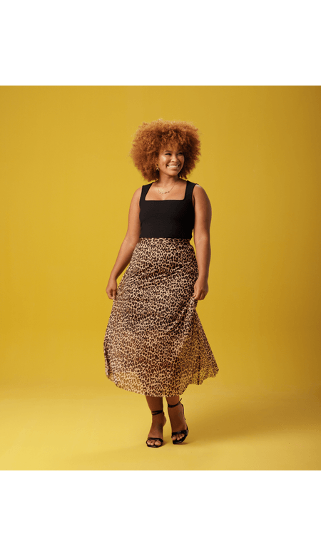 Saia Moda Loka Midi Com Tule Estampado de Onça