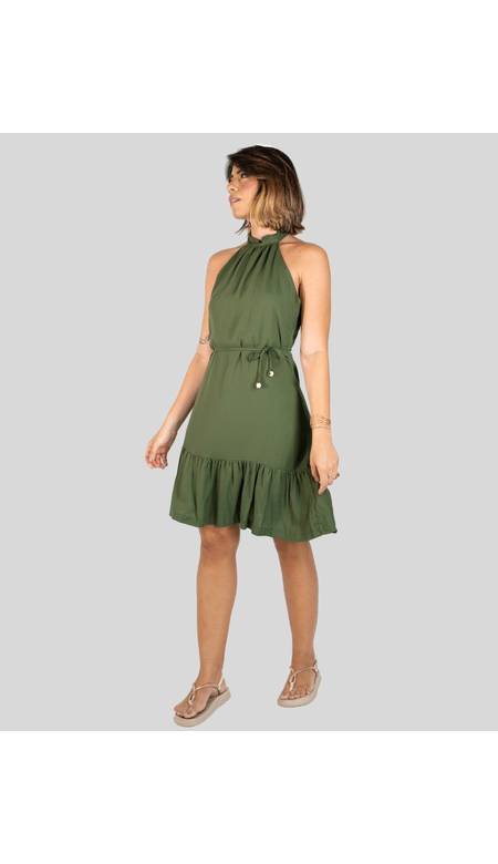 Vestido Estilo A Curto Gola Alta Com Amarração e Viscose