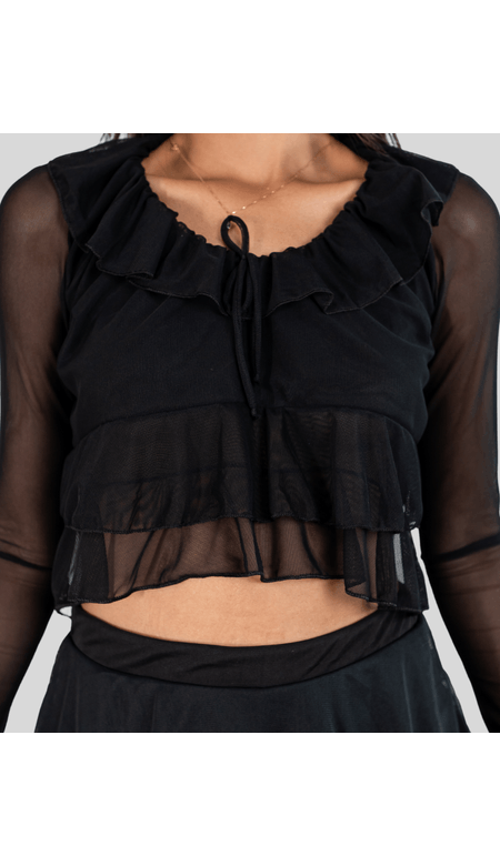 Blusa One Way Manga Longa de Tule Transparente Com Babado