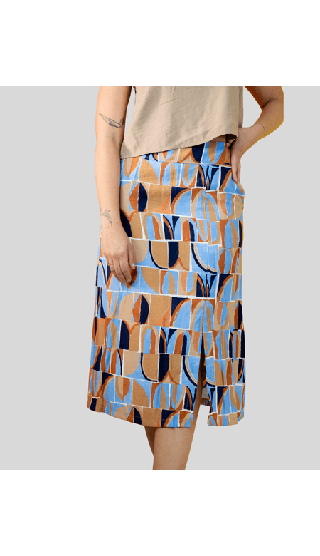 Saia Ana Xis Midi Com Bolso e Estampa Artística