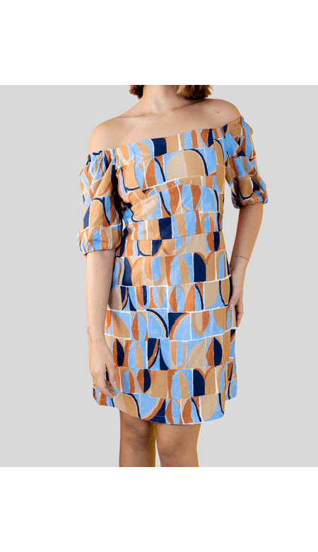 Vestido Ana Xis Curto Com Mangas Bufantes e Estampa Artística