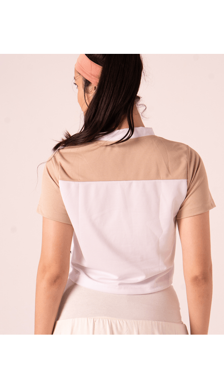 Blusa Feminina Cropped Esportiva Nº 21 Branco e Bege