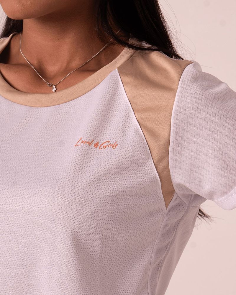 Camiseta Esportiva Feminina Branco e Bege 1