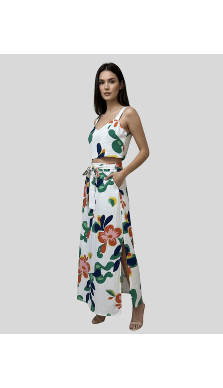 Saia Longa Estampada Floral com Fenda e Amarração na Cintura