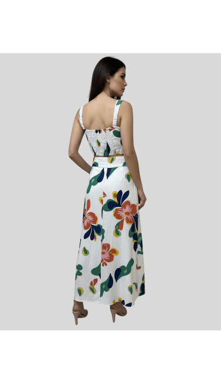 Saia Longa Estampada Floral com Fenda e Amarração na Cintura