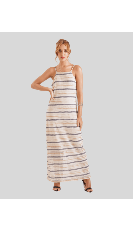 Vestido Tricot Longo de Alcinha com Estampa em Listras Horizontais