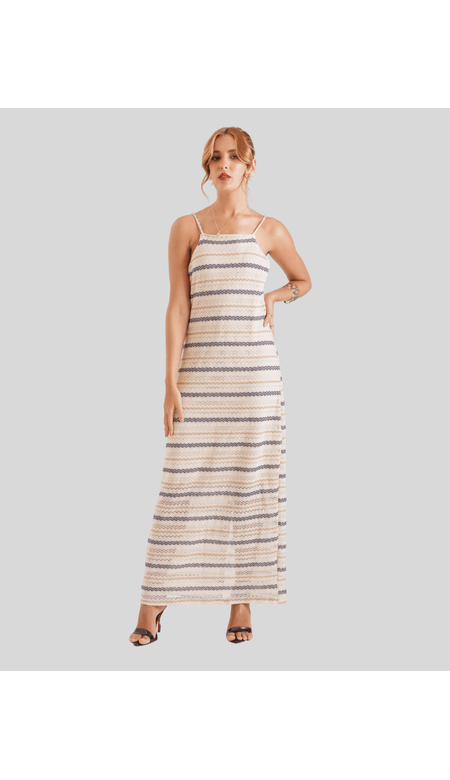 Vestido Tricot Longo de Alcinha com Estampa em Listras Horizontais