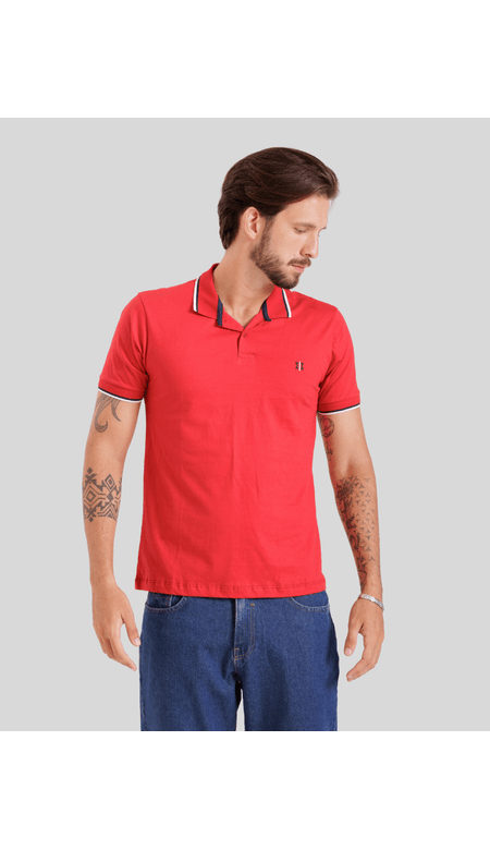 Camisa Polo Masculina com Gola Listrada e Recortes