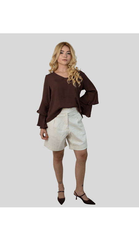 Short Cintura Alta de Linho/Sarja com Bolso Faca